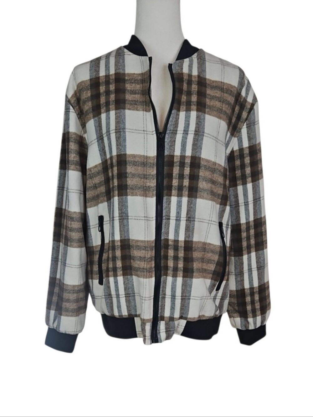 Collegiate Plaid Bomber Jacket Milk Chocolate Brown Cream Black Academia Fall L - Picture 8 of 8